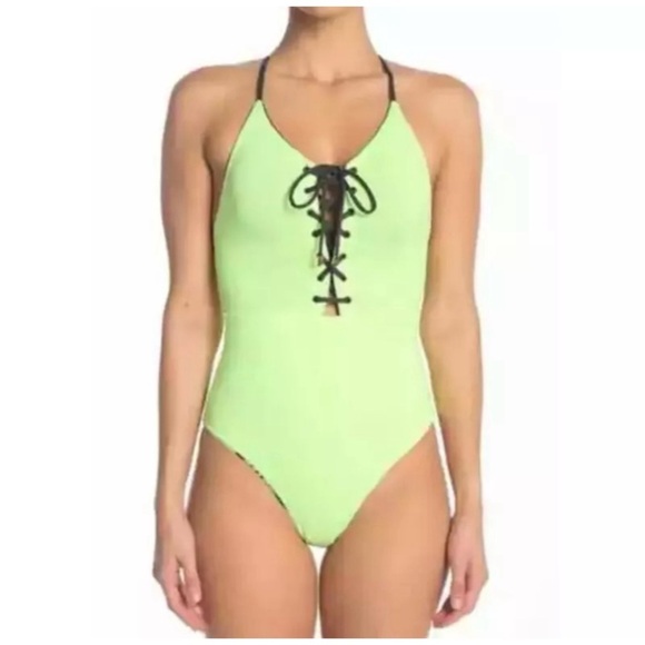 NWT MAAJI Reversible Lime Neon Floral One-Piece Swimsuit - Picture 2 of 3